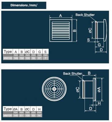 Вентилятор с обратным клапаном JSC MM 100 (сверхтонкий, квадрат)